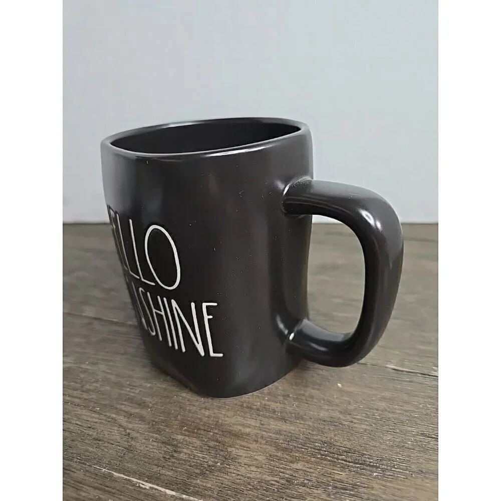 NWT Rae Dunn Artisan Hello Sunshine Black Ceramic Coffee Mug White Lettering